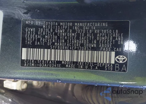 2014 Toyota Corolla L из США, поврежденный, VIN 5YFBURHE4EP120852